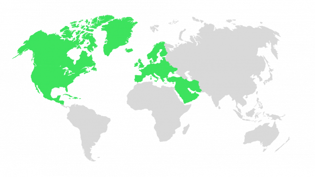 A map of the world. North Amerca, Greenland, Iceland, Europe and South Western Asia are highlighted green