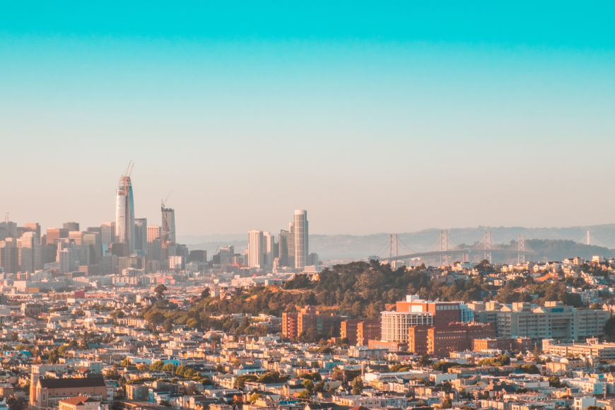 City space with blue sunrise sky